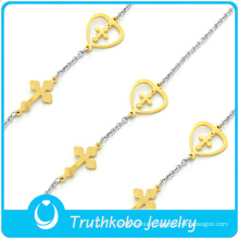 Wholesale Two Tone Gold Silver Christ Religious Cross Stainless Steel Heart Charm Chain Bracelet
